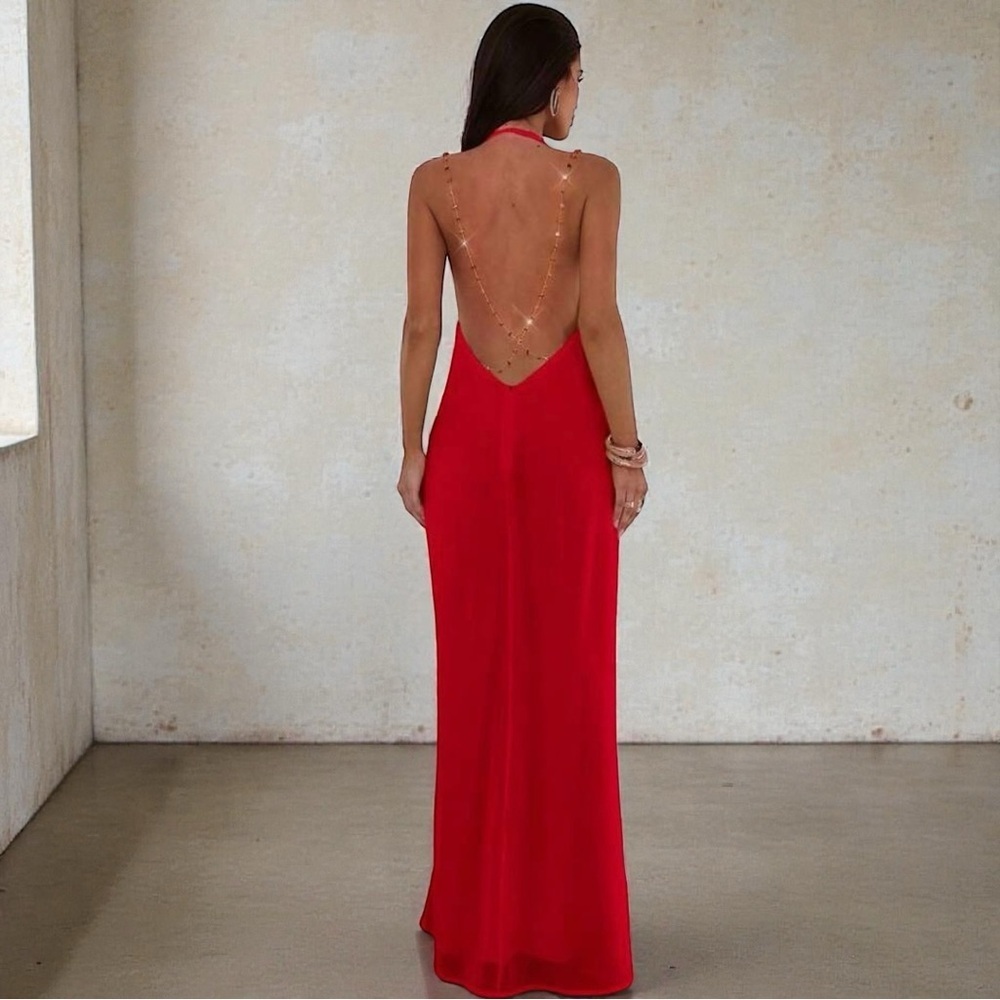 New Women's Backless Sexy & Elegant Plunging Maxi Dress Red, Size Medium - Picture 3 of 7